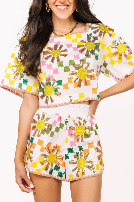 White Multi Checkered Sun Short