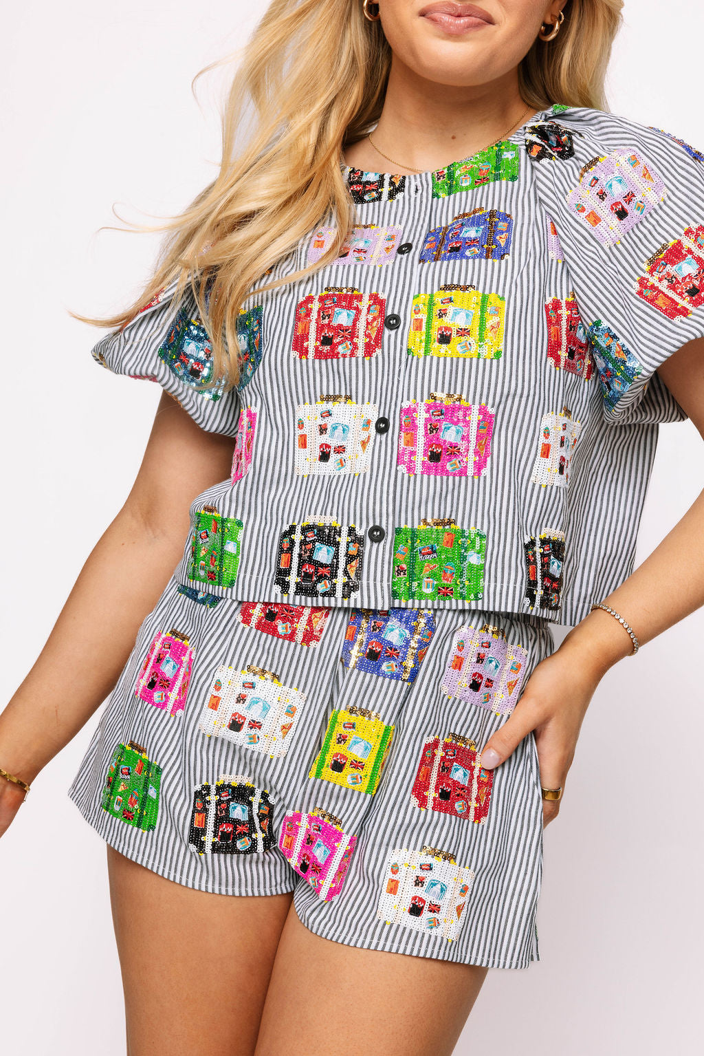 Black & White Stripe Multi Vintage Suitcase Cotton Shorts