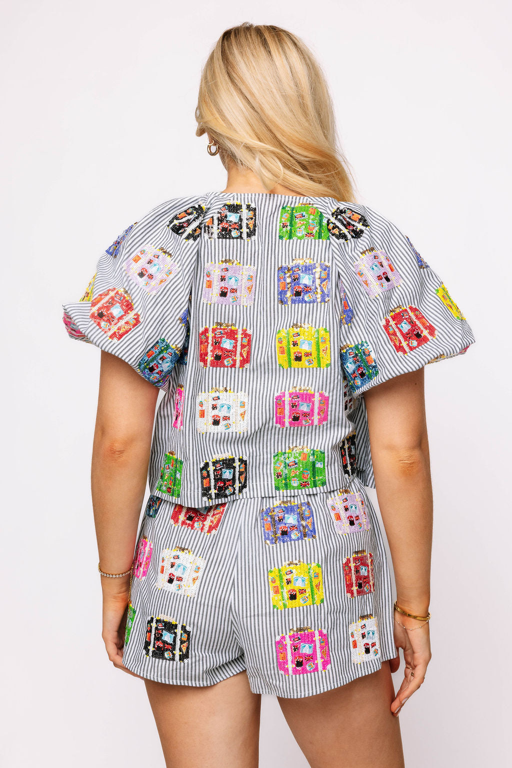 Black & White Stripe Multi Vintage Suitcase Cotton Shorts