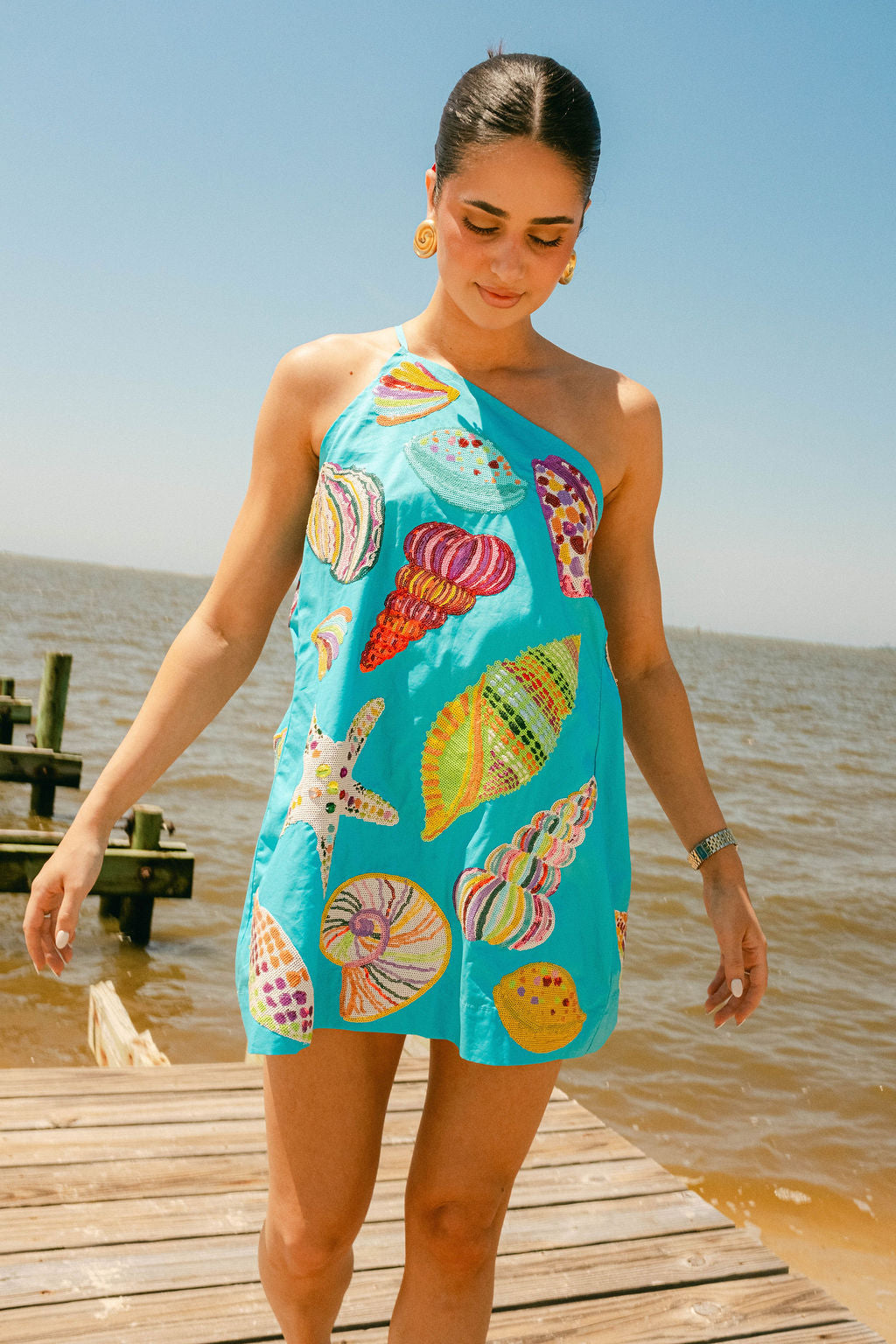 Aqua Multi Shell One Shoulder Dress