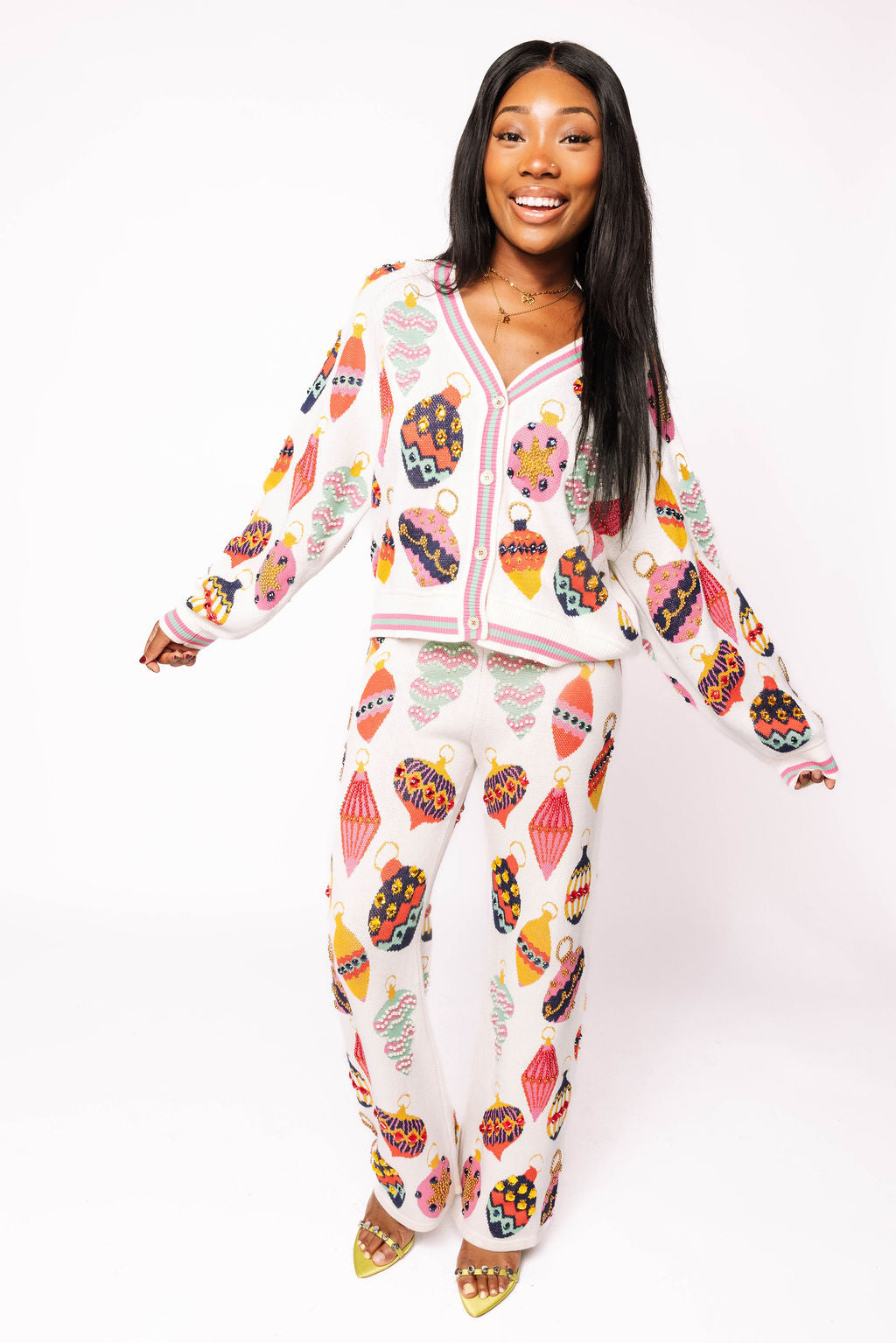 Beige Multi Ornament Knit Pants