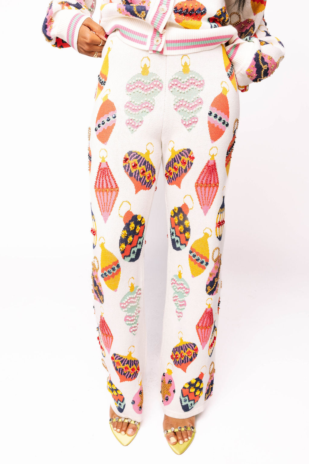 Beige Multi Ornament Knit Pants