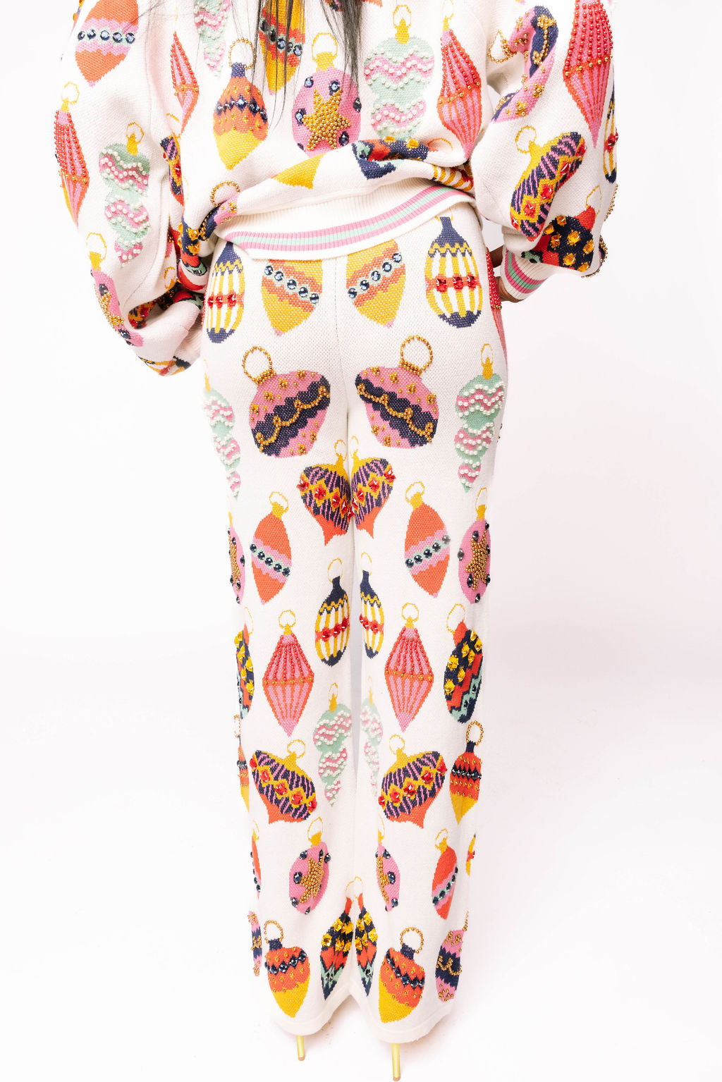 Beige Multi Ornament Knit Pants