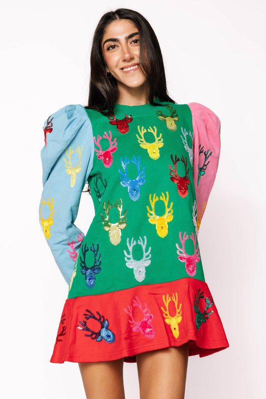 Colorblock Dress With Velvet Reindeer Heads