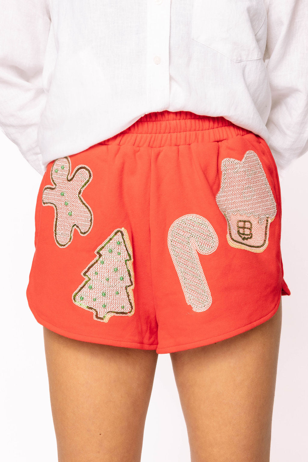 Red Fuzzy Christmas Cookie Shorts