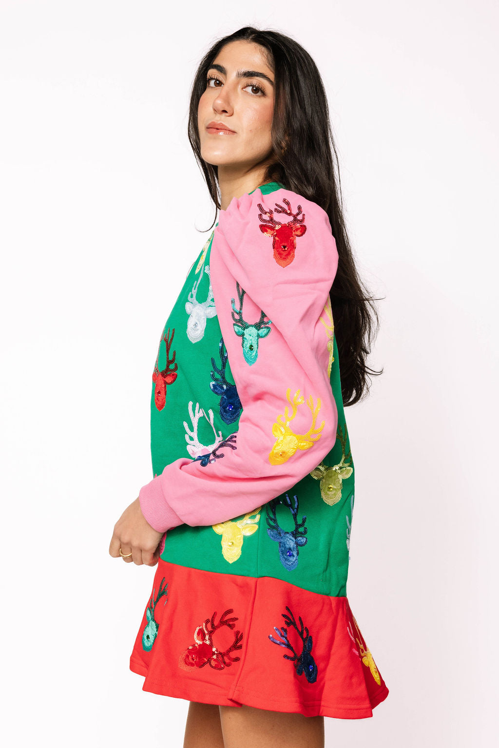 Colorblock Dress With Velvet Reindeer Heads