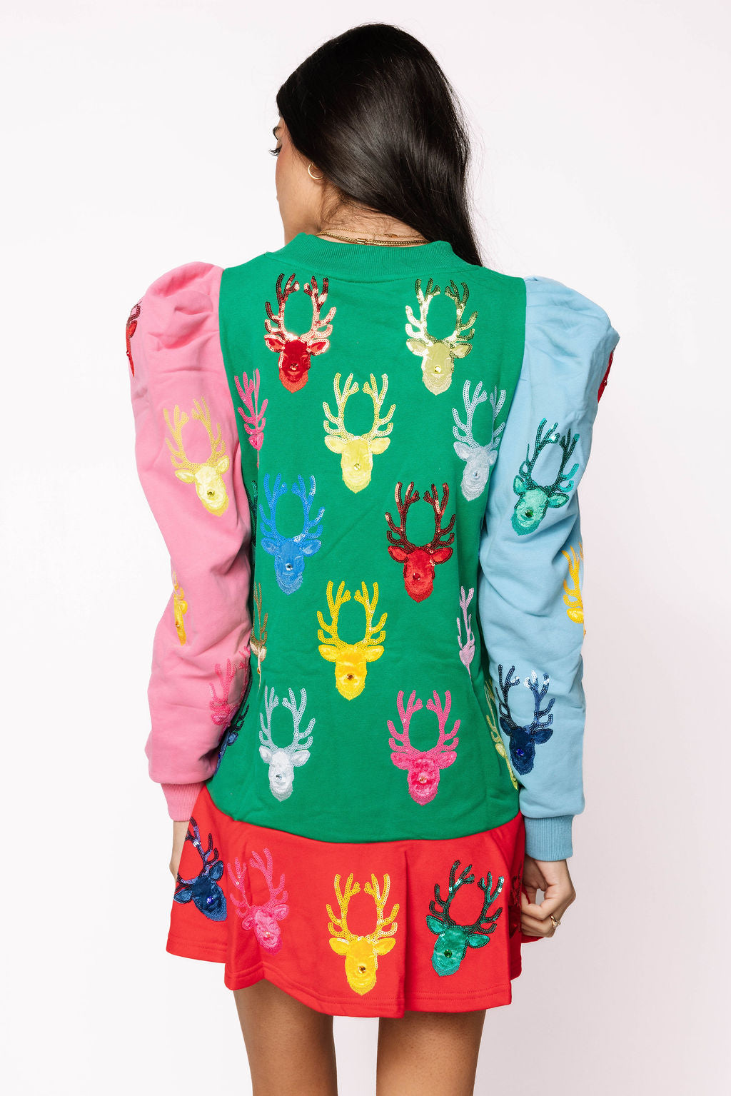 Colorblock Dress With Velvet Reindeer Heads