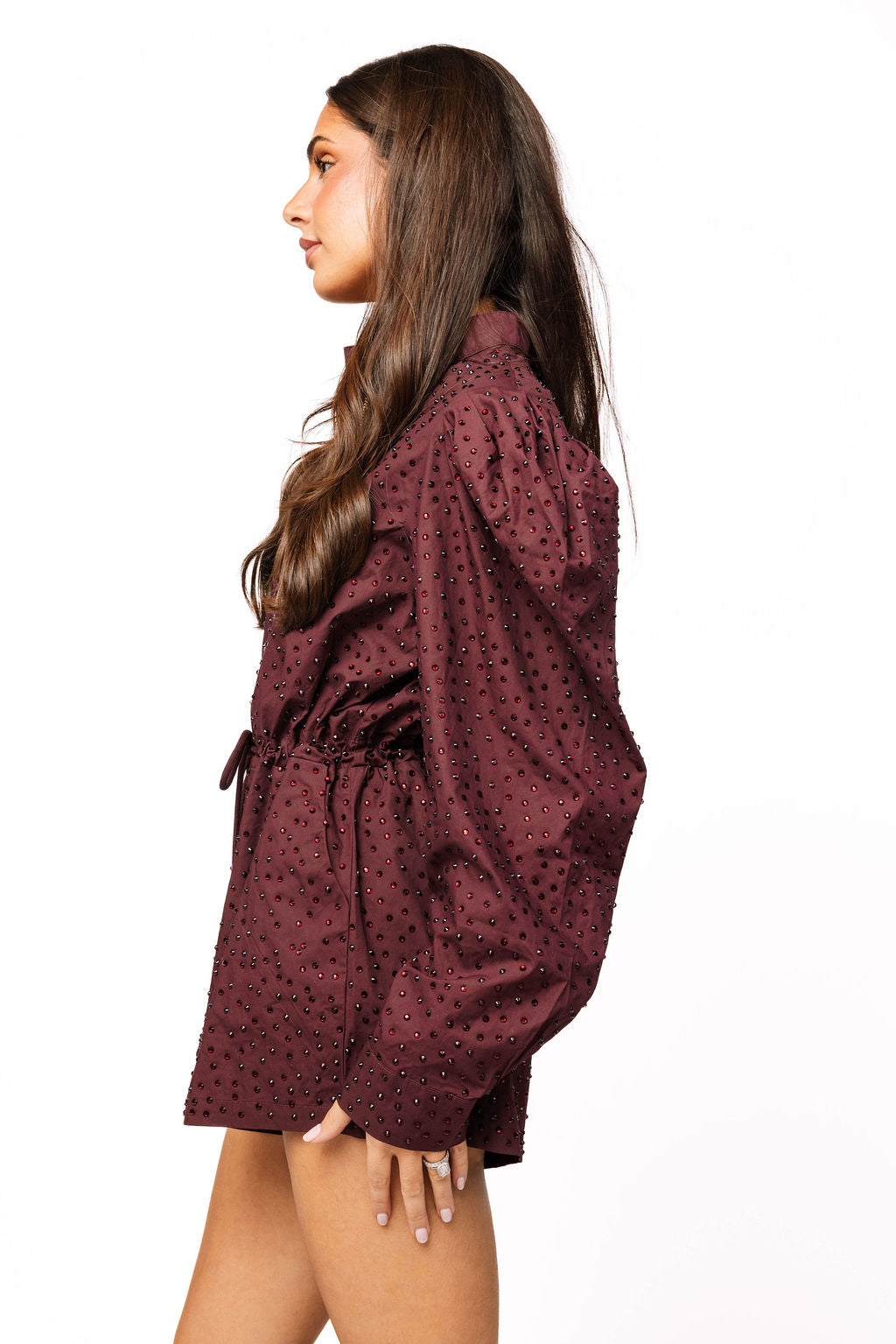 Maroon Rhinestone Long Sleeve Romper