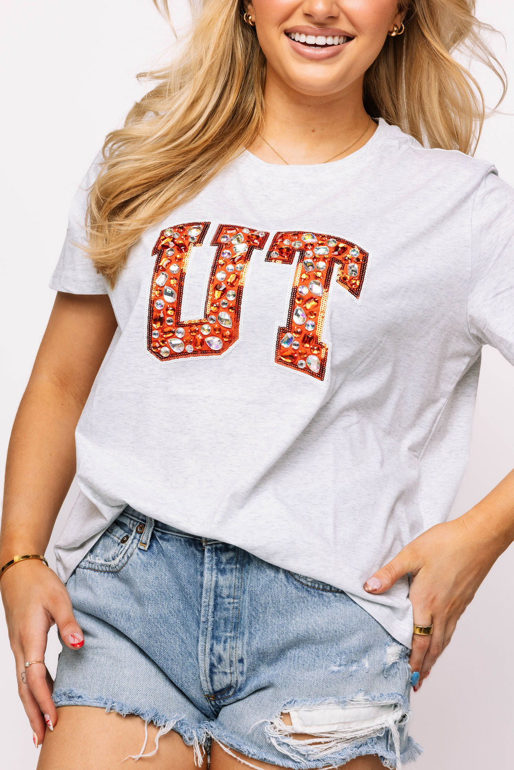 Licensed Texas 'UT' Grey with Multi Jewel Letter Tee