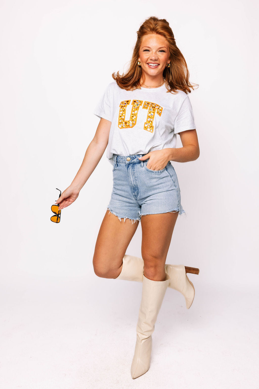 Licensed Tennessee 'UT' Grey with Multi Jewel Letter Tee