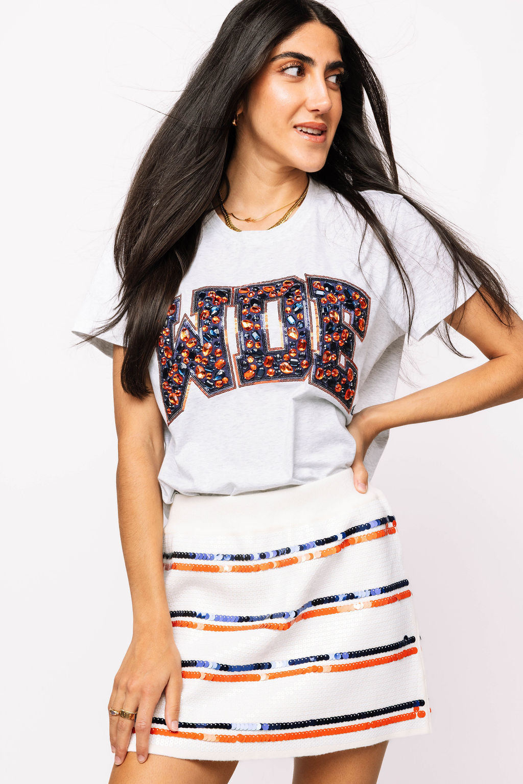 Licensed Auburn 'WDE' Grey with Multi Jewel Letter Tee