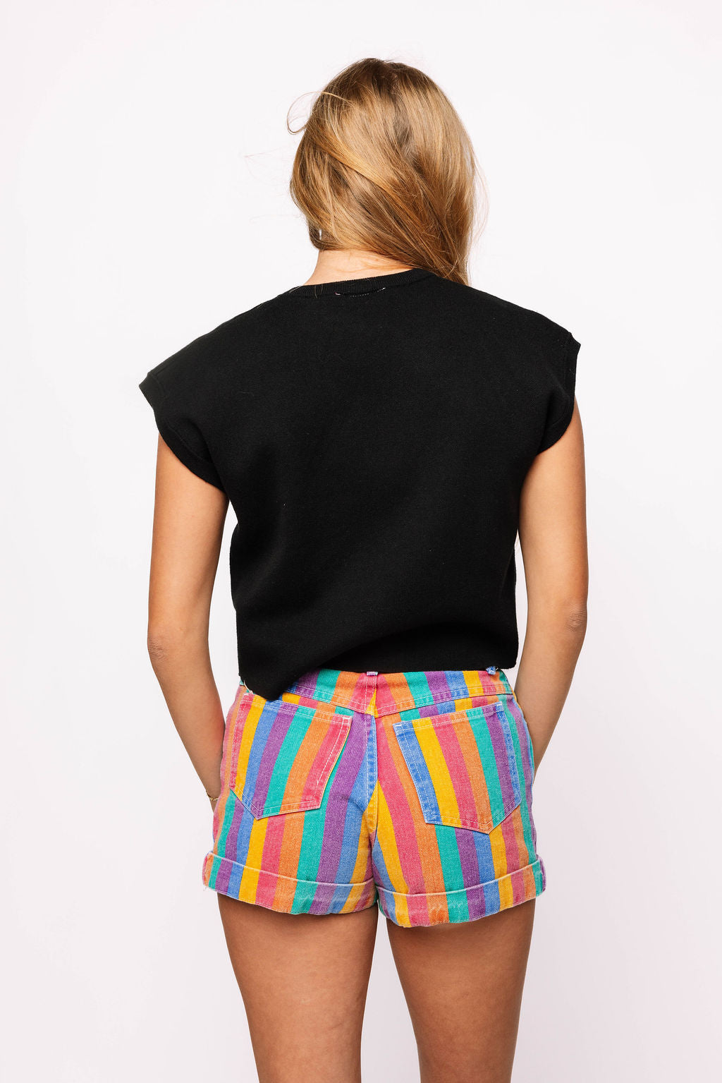 Black Rainbow Tiger Knit Short Sleeve Sweater Top