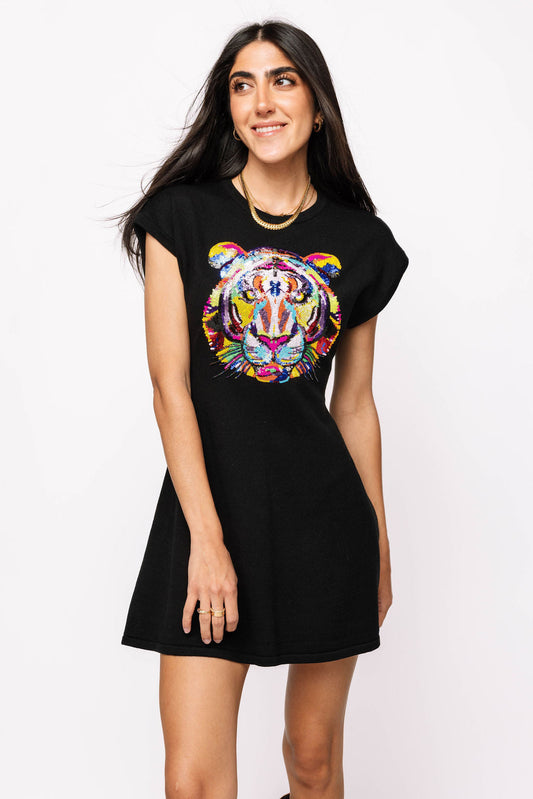 Black Rainbow Tiger Head Knit Sweater Dress