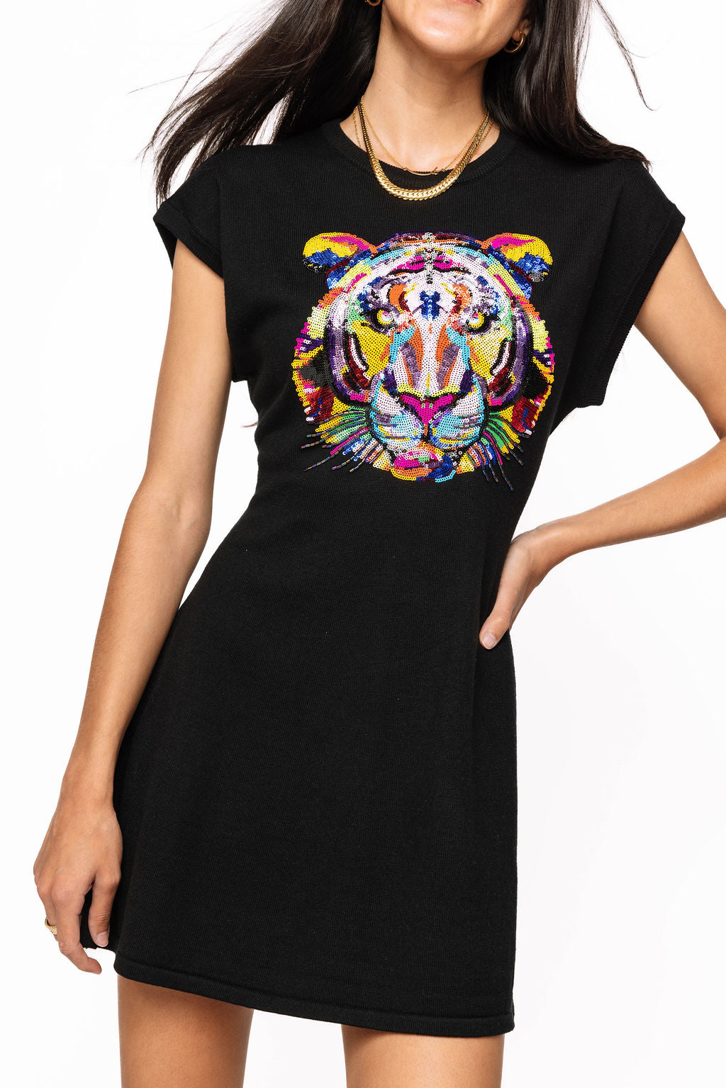 Black Rainbow Tiger Head Knit Sweater Dress