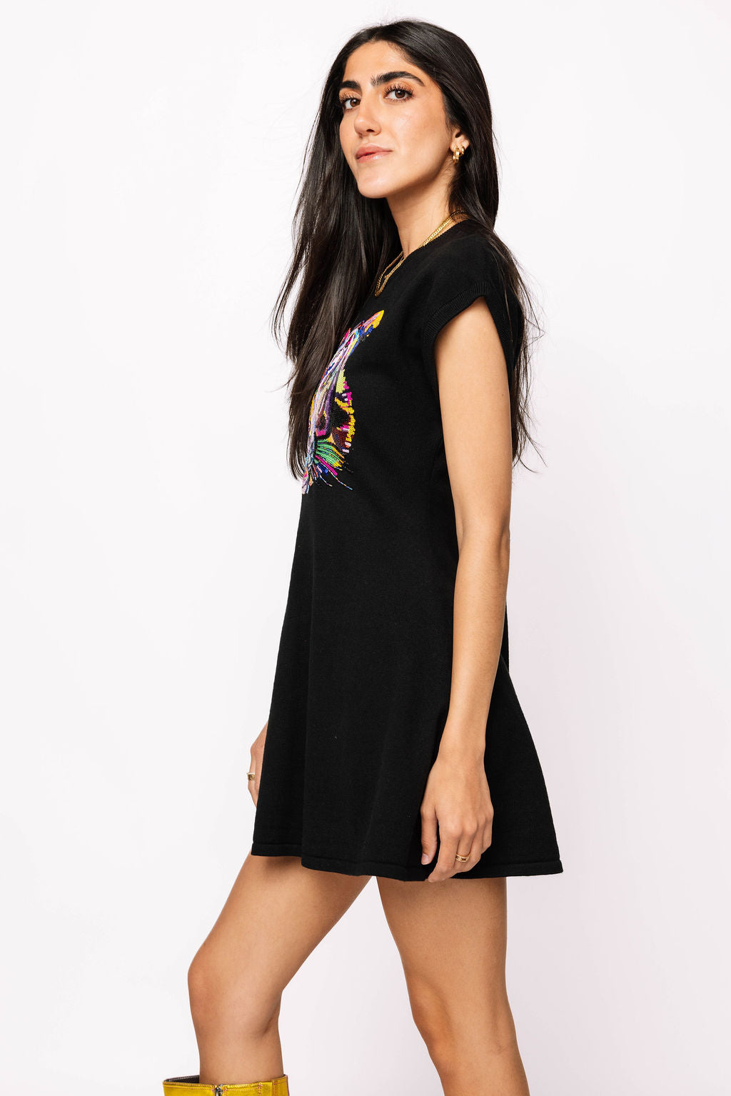 Black Rainbow Tiger Head Knit Sweater Dress