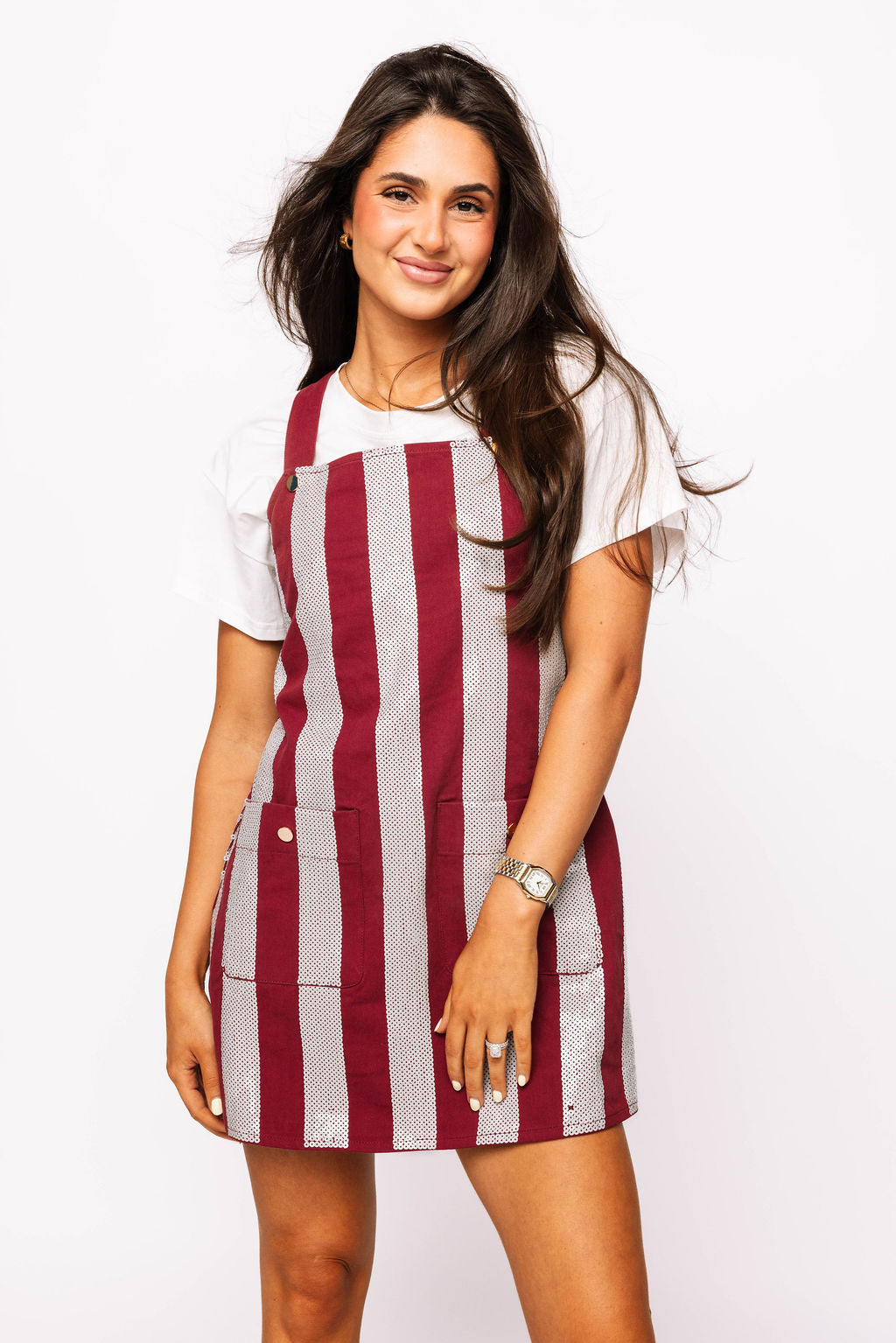 Maroon & Grey Sequin Striped Overall Dress