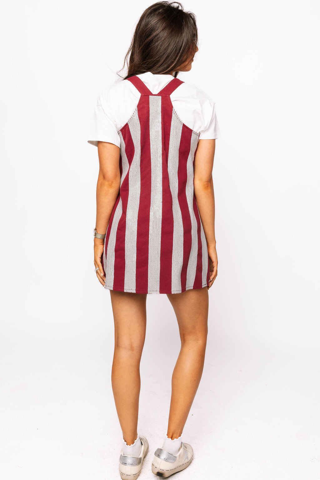 Maroon & Grey Sequin Striped Overall Dress