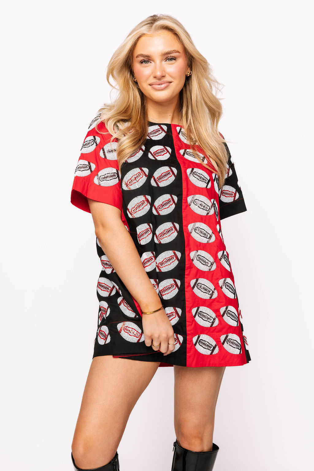Red & Black Colorblock Football Short Sleeve Dress