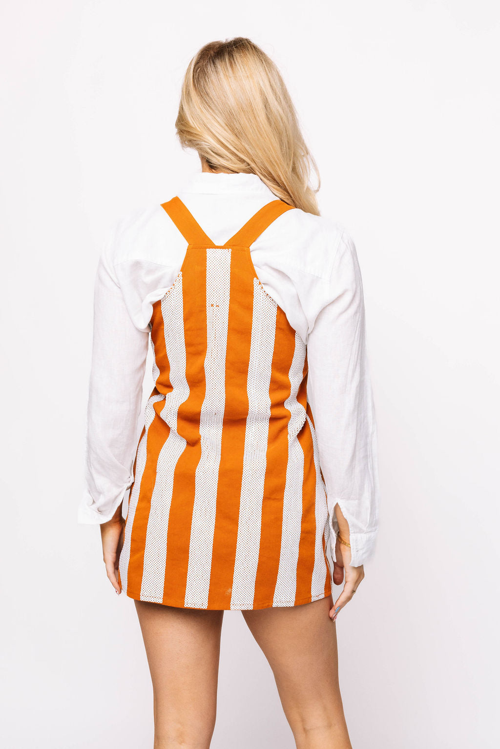 Burnt Orange & White Sequin Striped Overall Dress