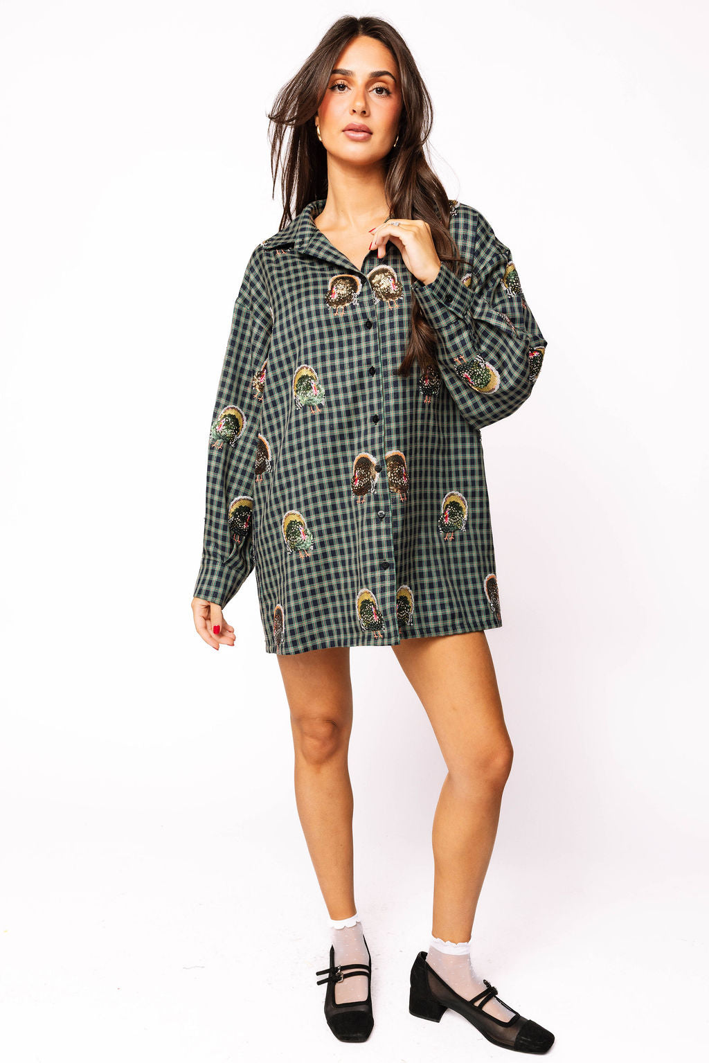 Navy Plaid Scattered Turkey Button Up Dress