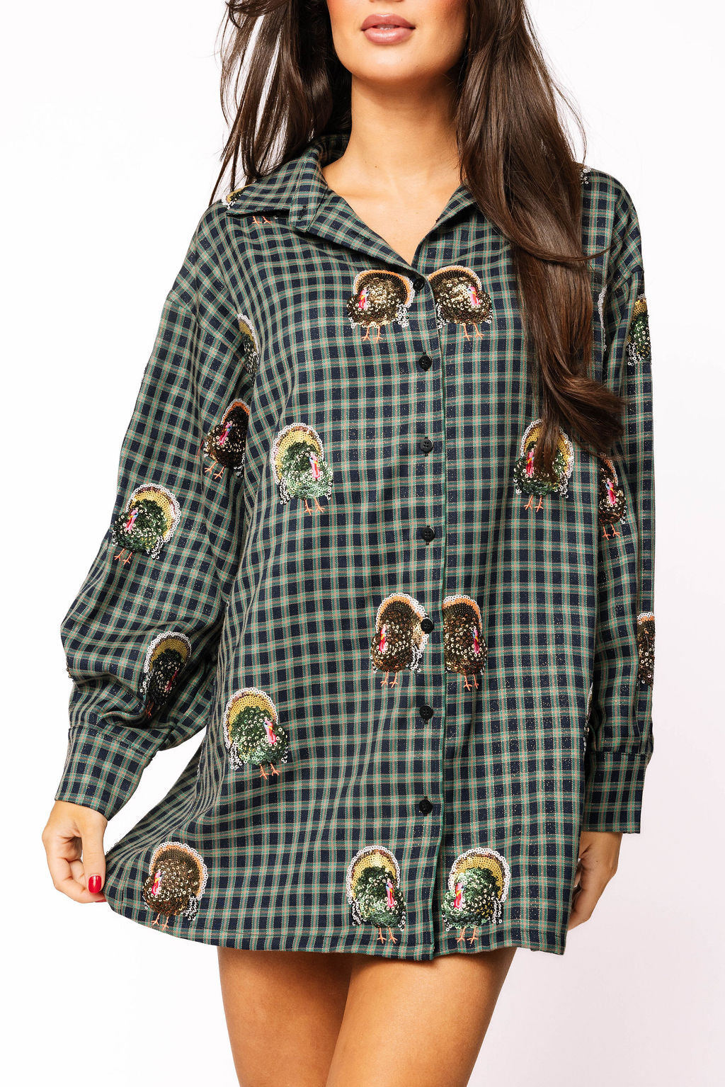 Navy Plaid Scattered Turkey Button Up Dress