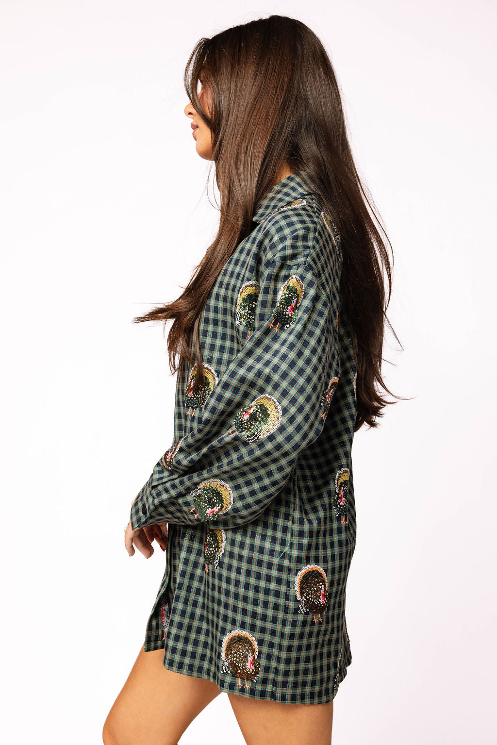 Navy Plaid Scattered Turkey Button Up Dress