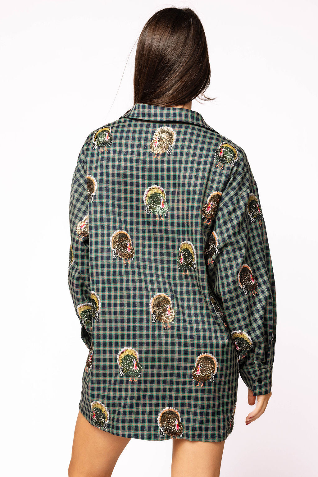 Navy Plaid Scattered Turkey Button Up Dress