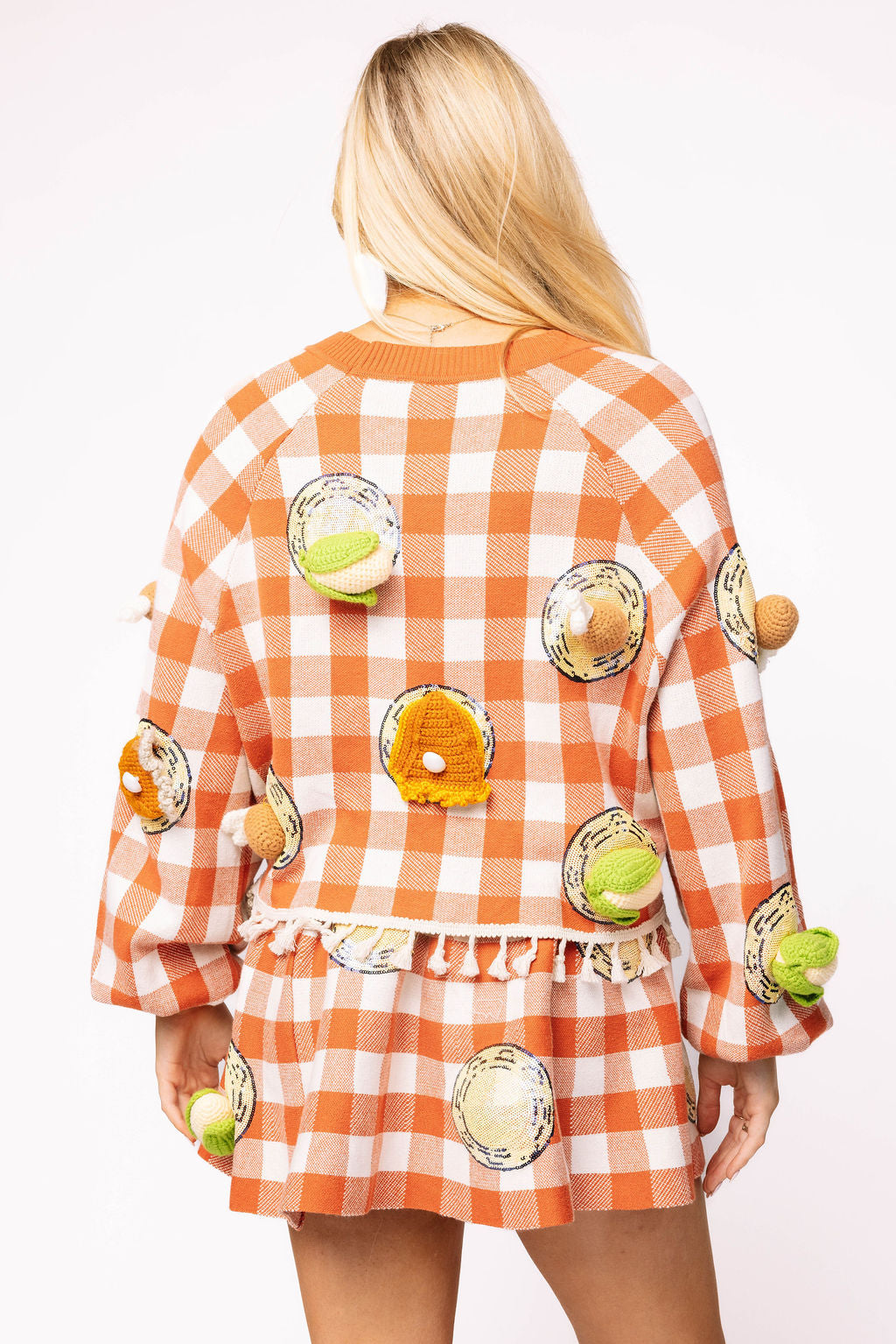 Orange & White Checkered Knit Thanksgiving Food on Plate Fringe Cardigan