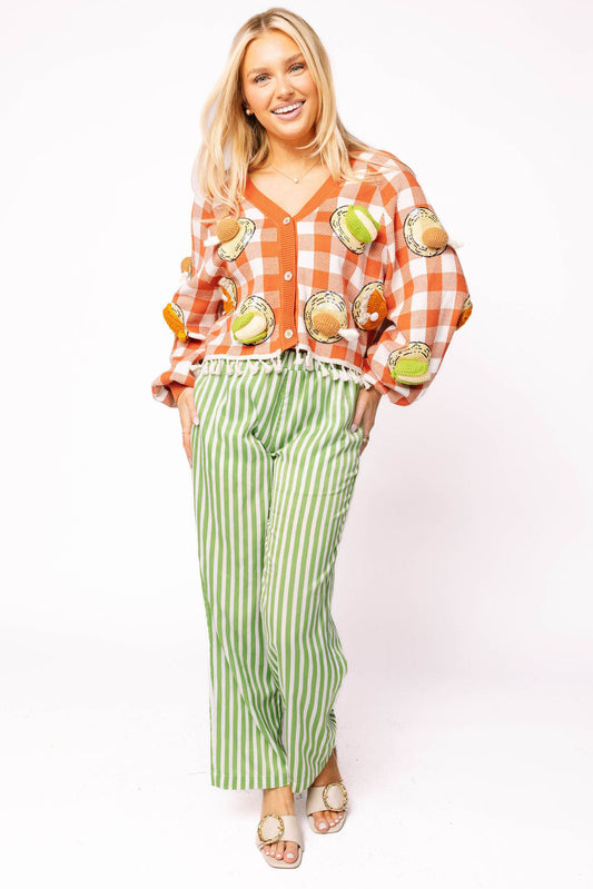 Orange & White Checkered Knit Thanksgiving Food on Plate Fringe Cardigan