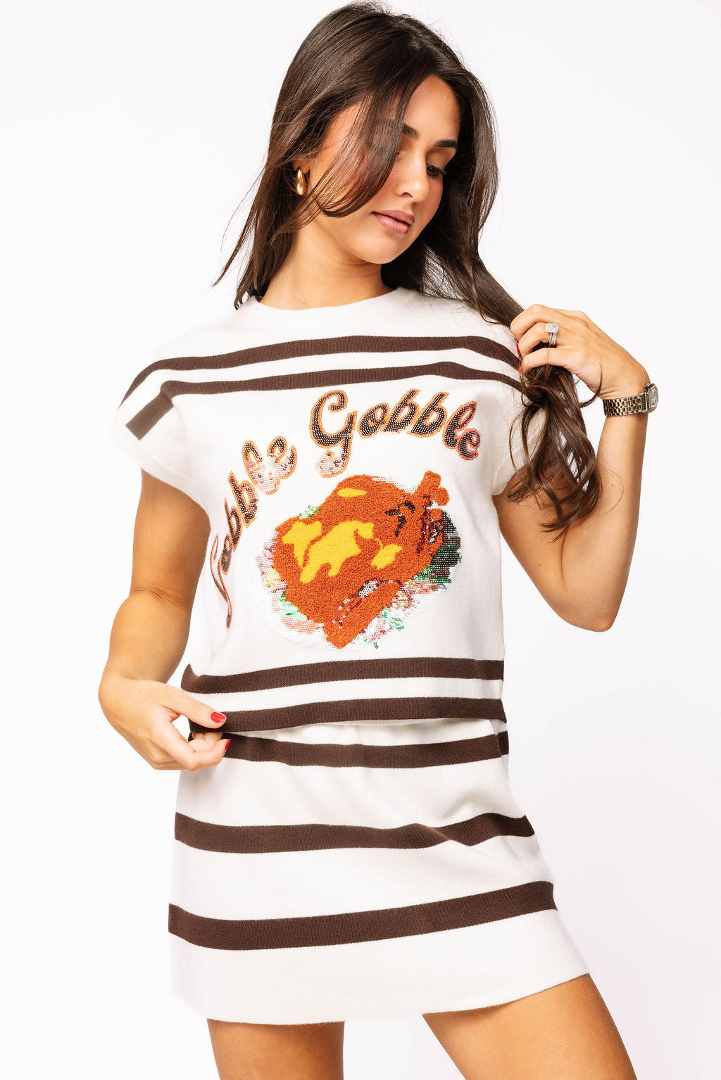 White & Brown Stripe 'Gobble' Short Sleeve Top