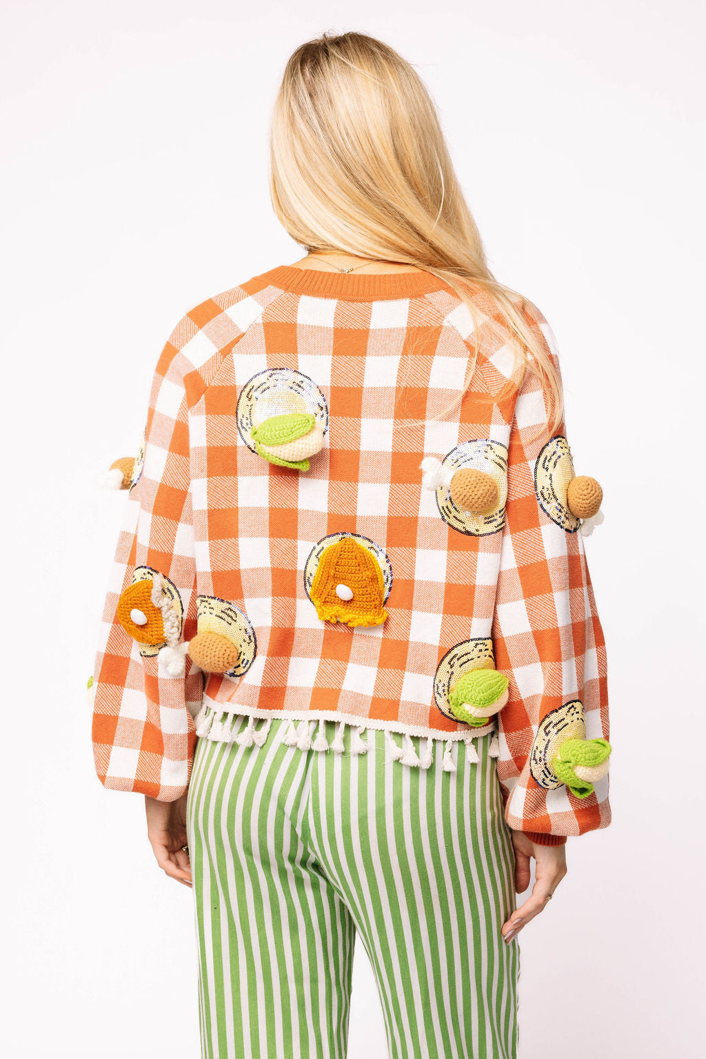 Orange & White Checkered Knit Thanksgiving Food on Plate Fringe Cardigan