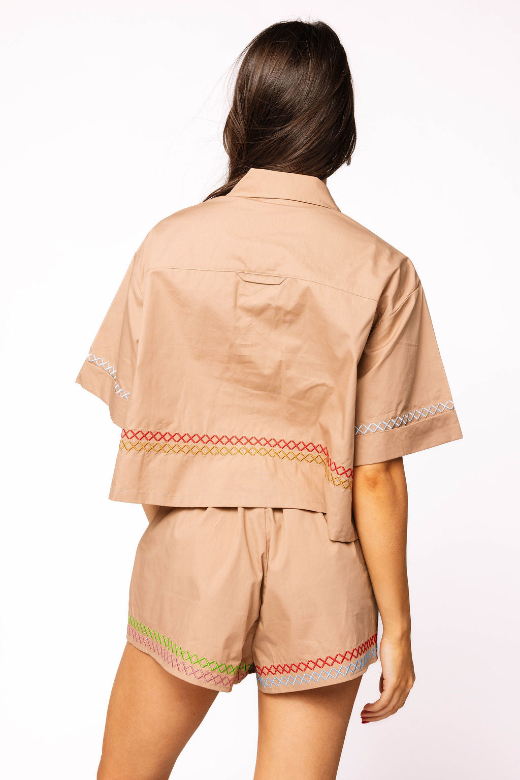 Tan Cotton Embroidered Trim Turkey Button Up Collar Top