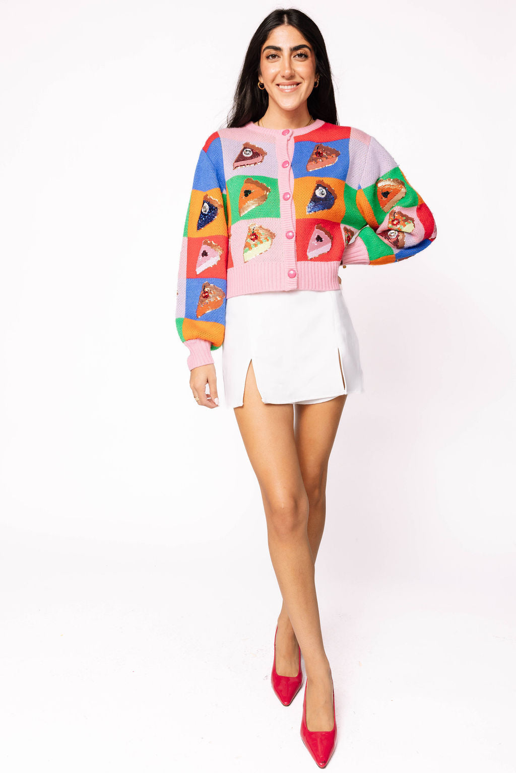 Rainbow Colorblock Piece of Pie Button Up Sweater