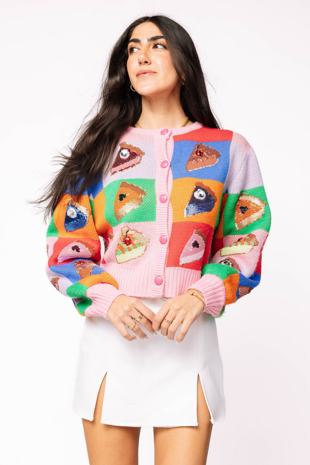 Rainbow Colorblock Piece of Pie Button Up Sweater