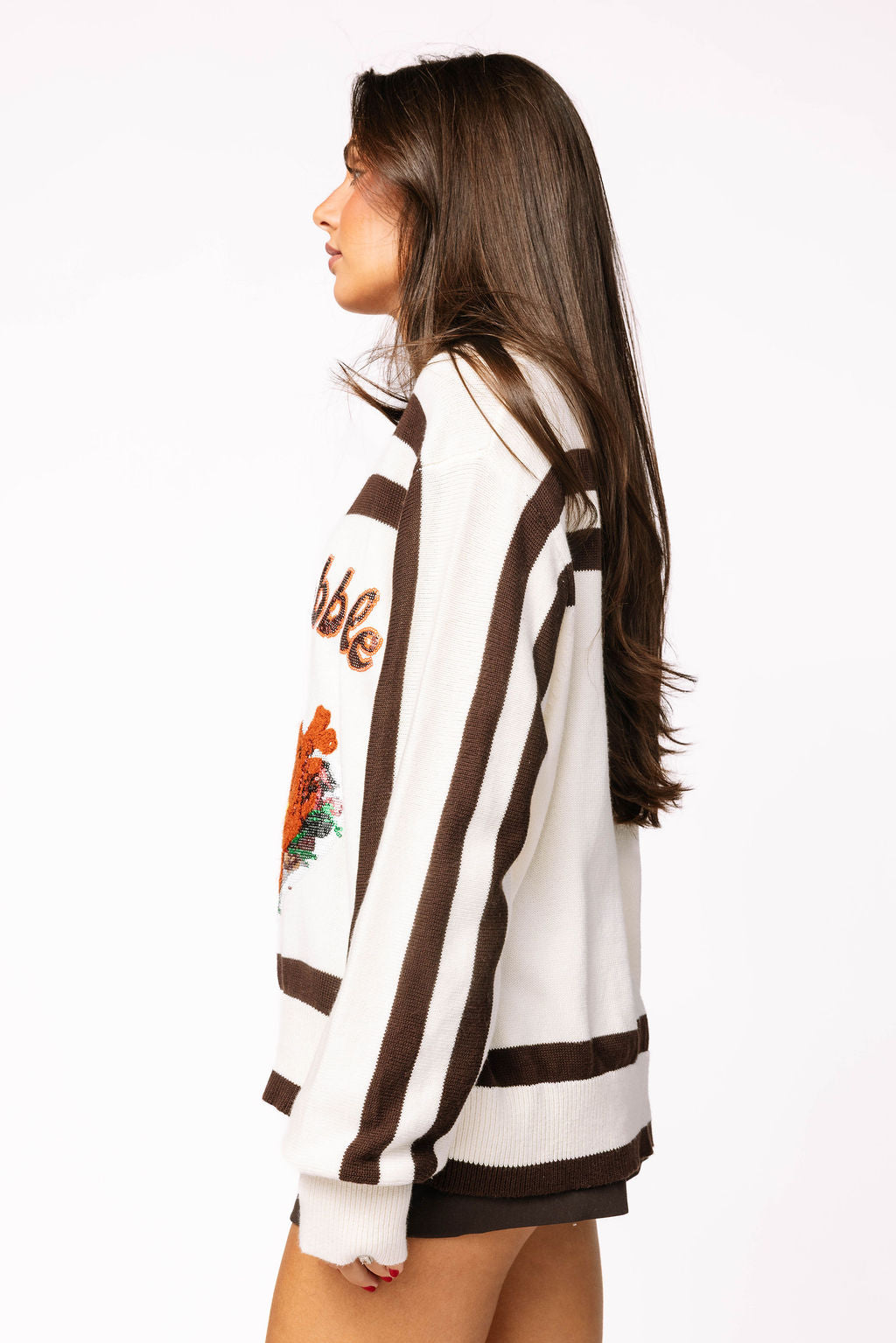 White & Brown Stripe 'Gobble' Long Sleeve Sweater
