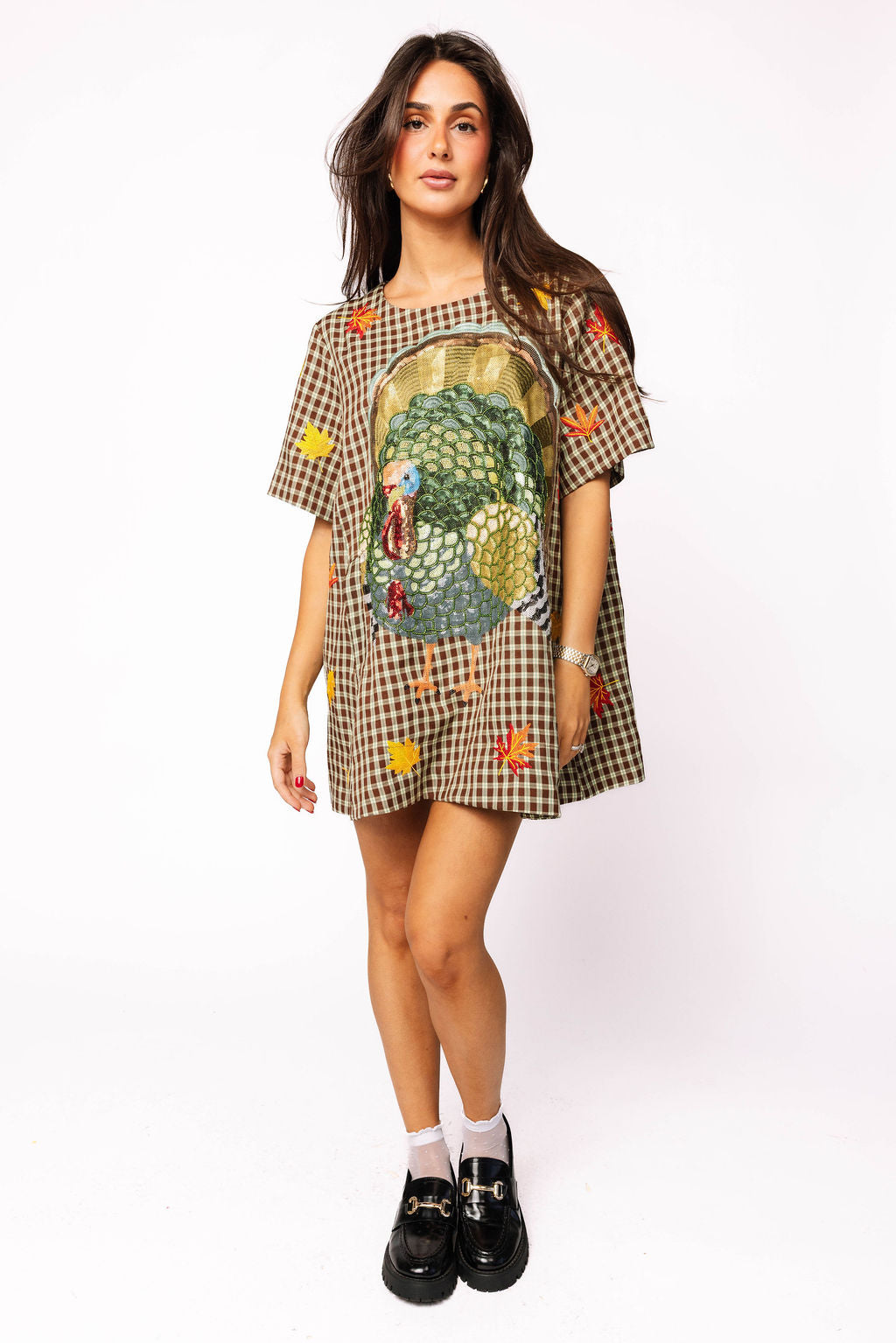 Brown Plaid Big Turkey & Leaves Short Sleeve Dress