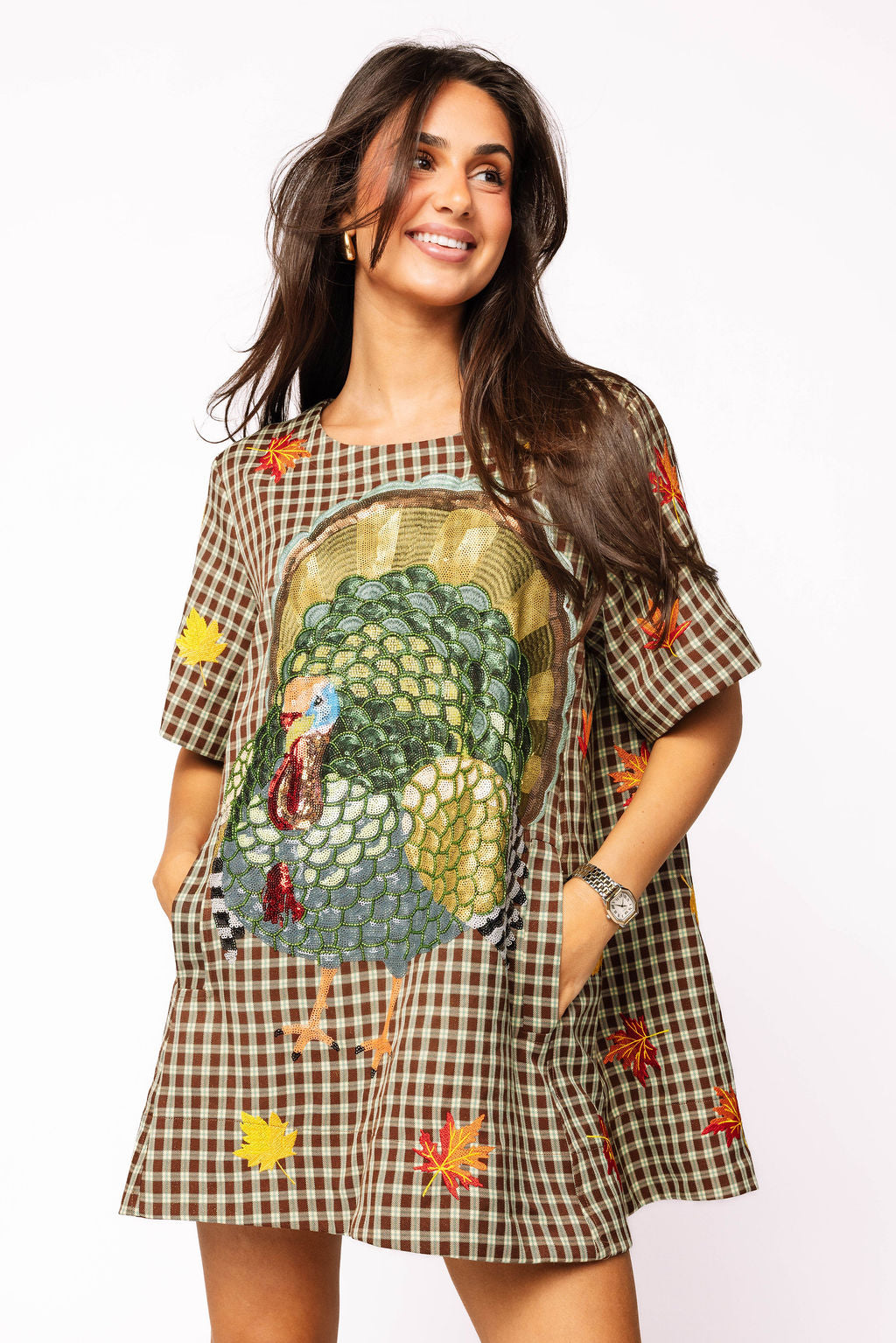 Brown Plaid Big Turkey & Leaves Short Sleeve Dress