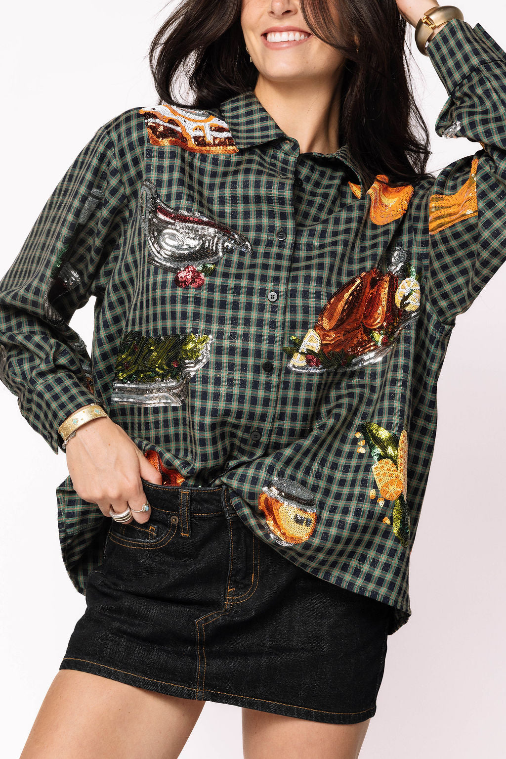 Navy Plaid Queen of Turkey Button Up Long Sleeve Top