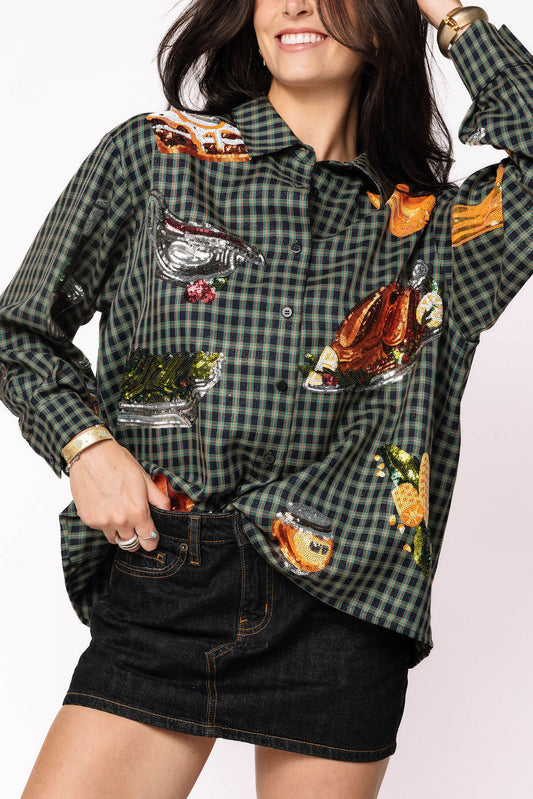 Navy Plaid Queen of Turkey Button Up Long Sleeve Top