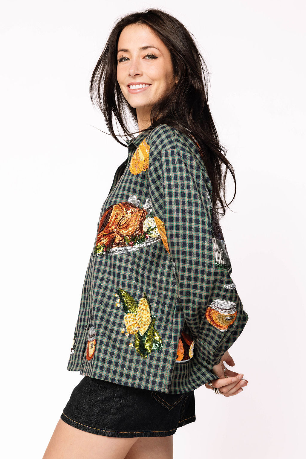 Navy Plaid Queen of Turkey Button Up Long Sleeve Top