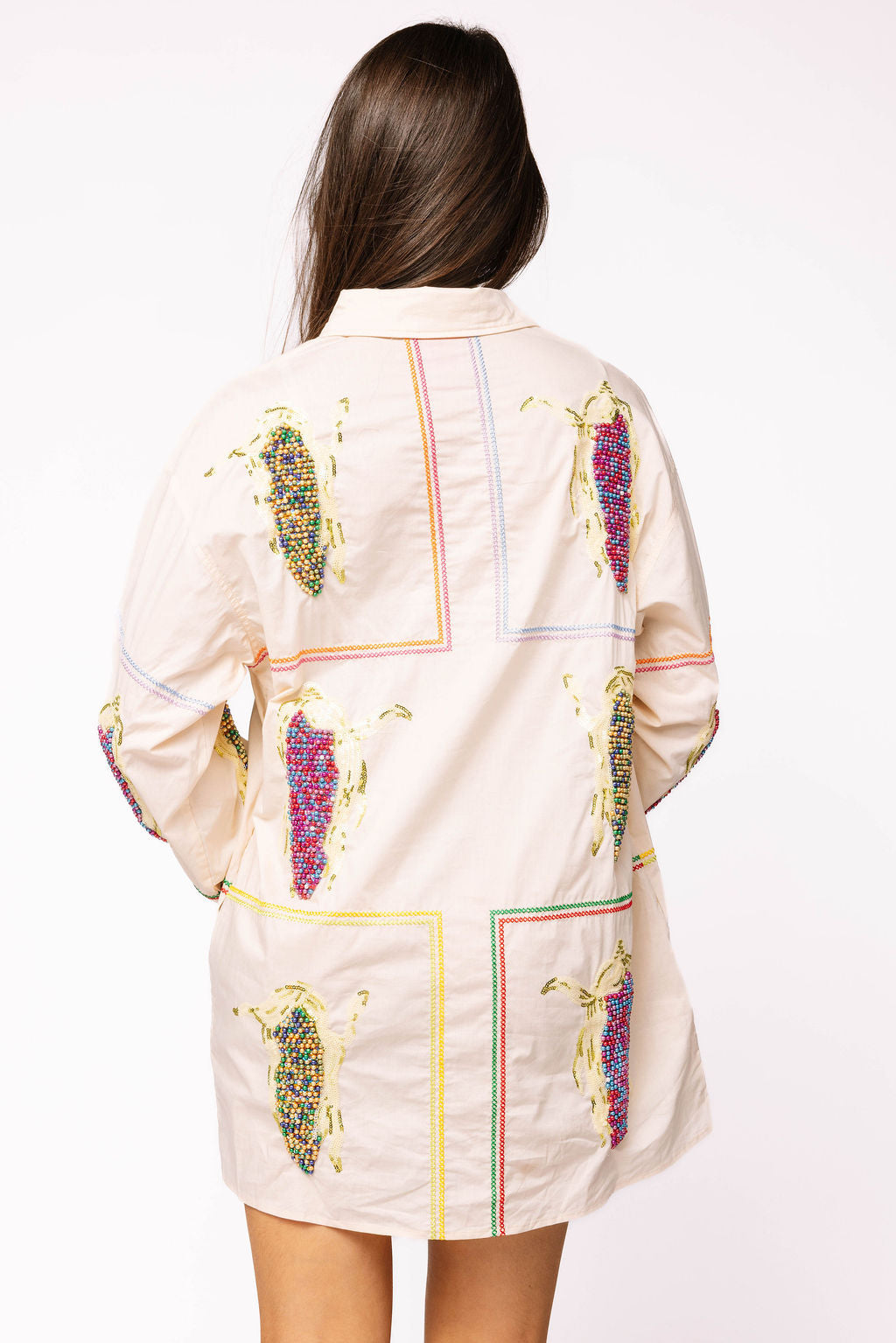 Beige Button Up Multi Corn Cotton Collar Dress