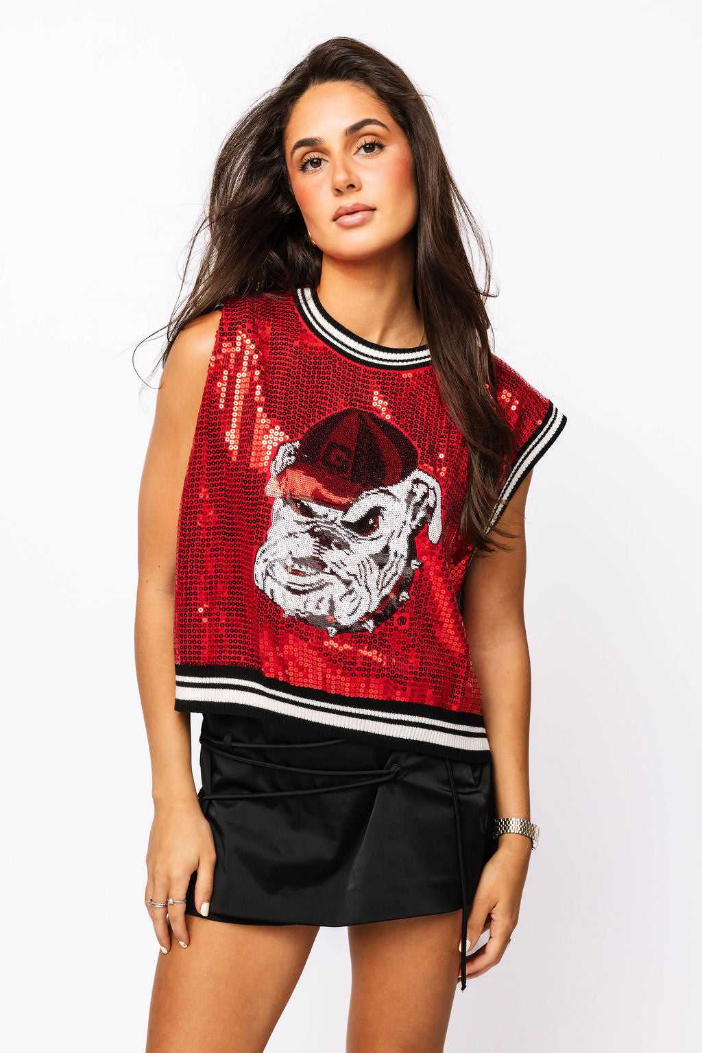 Licensed Red Full Sequin Sweater Tank With Bulldog Head
