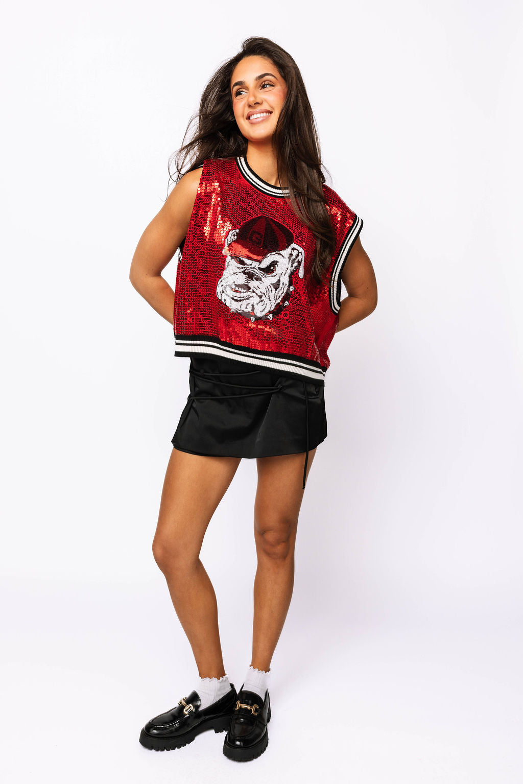 Licensed Red Full Sequin Sweater Tank With Bulldog Head