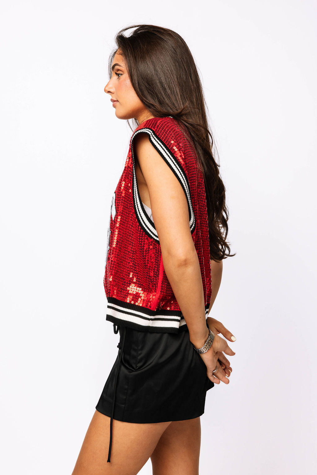 Licensed Red Full Sequin Sweater Tank With Bulldog Head