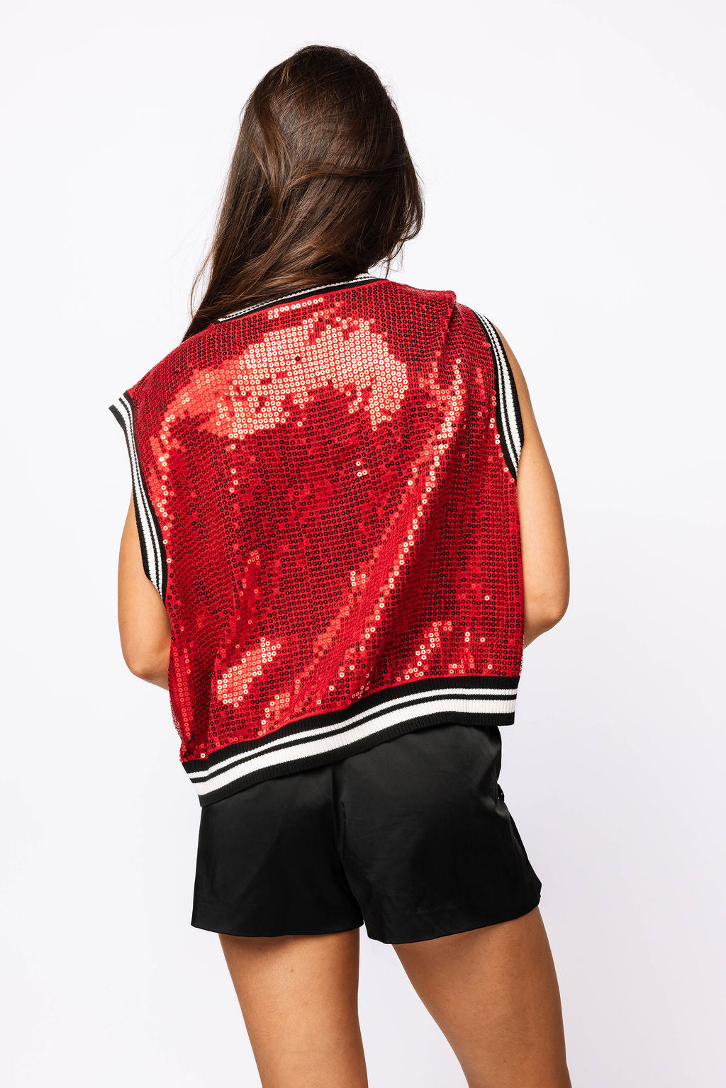 Licensed Red Full Sequin Sweater Tank With Bulldog Head