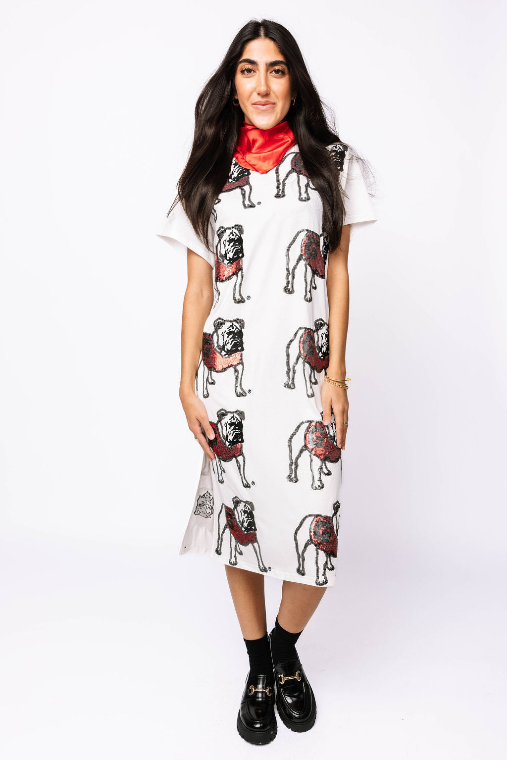 Licensed White Sequin Georgia Bulldog Midi Dress