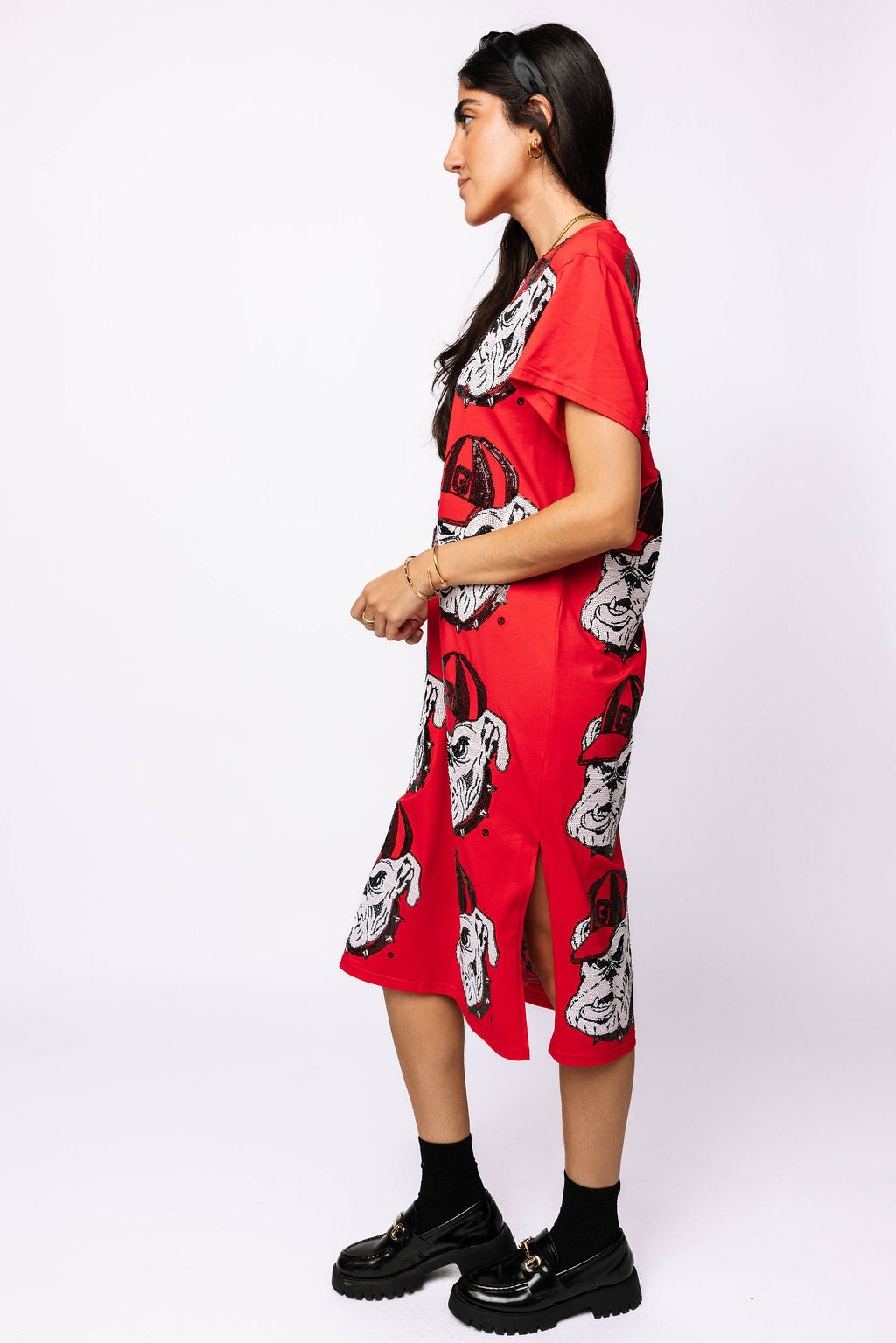 Licensed Red Sequin Georgia Bulldog Head Midi Tee Dress