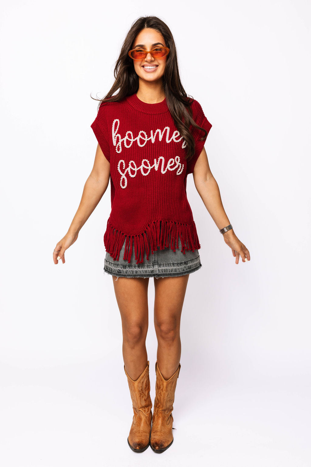 Licensed- Crimson Boomer Sooner Fringe Sweater Vest