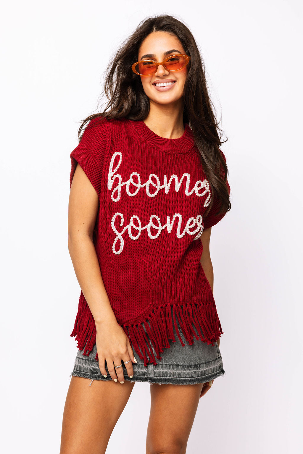 Licensed- Crimson Boomer Sooner Fringe Sweater Vest