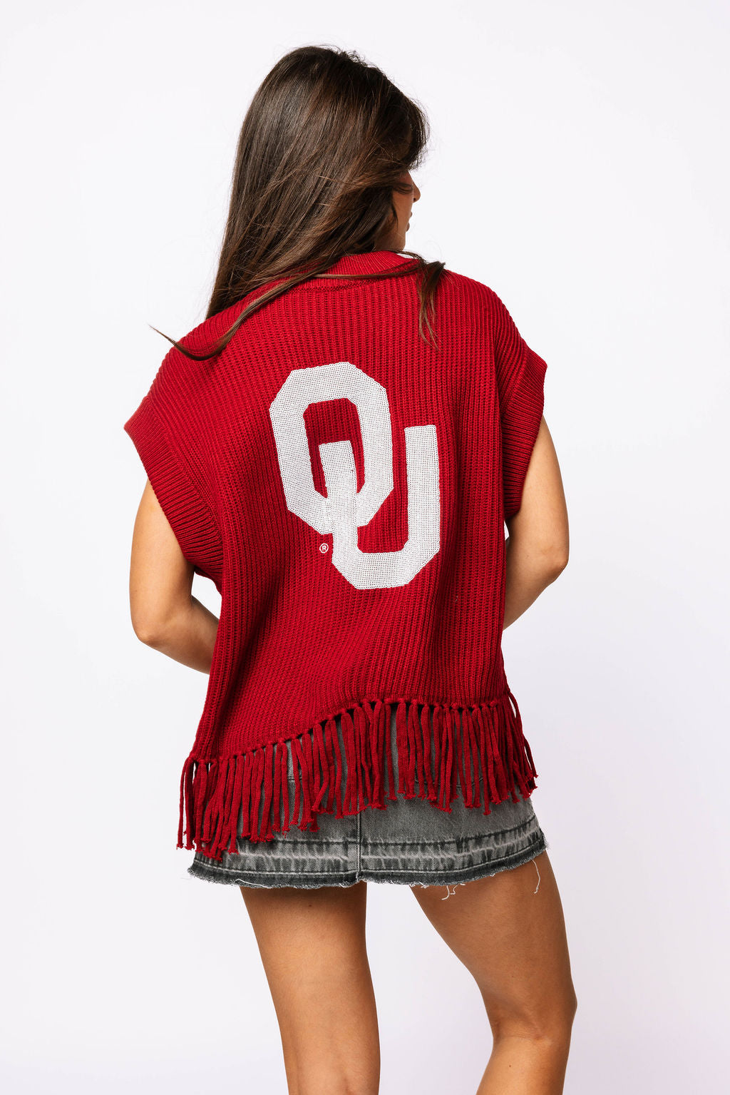 Licensed- Crimson Boomer Sooner Fringe Sweater Vest